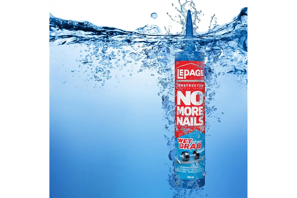 Tube of LePAGE® No More Nails® Wet Grab submerged in water