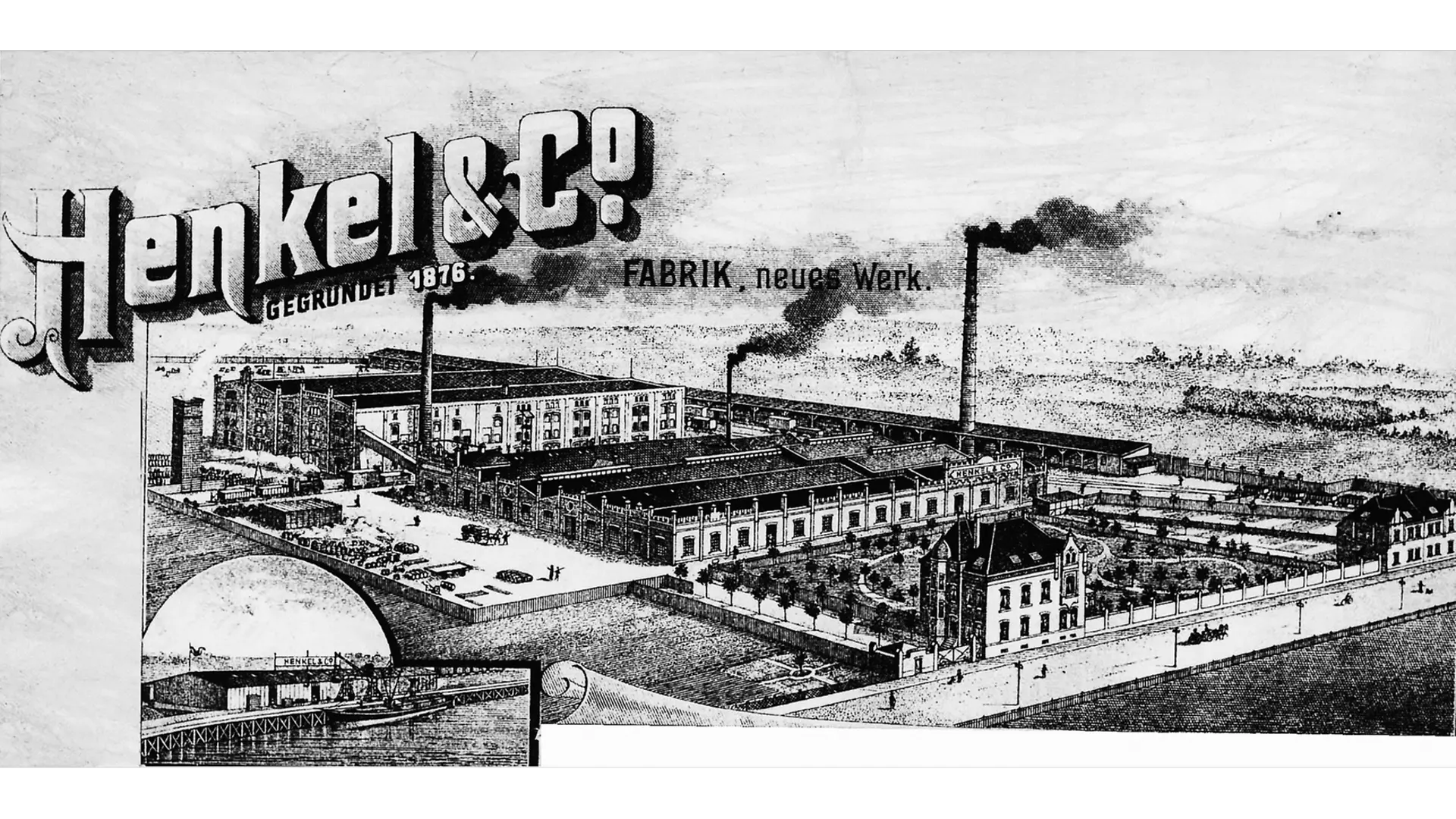 Henkel Briefkopf mit Abbildung des Werkes in Holthausen und einem Ausschnitt des Reisholzer Hafens in der linken unteren Ecke.